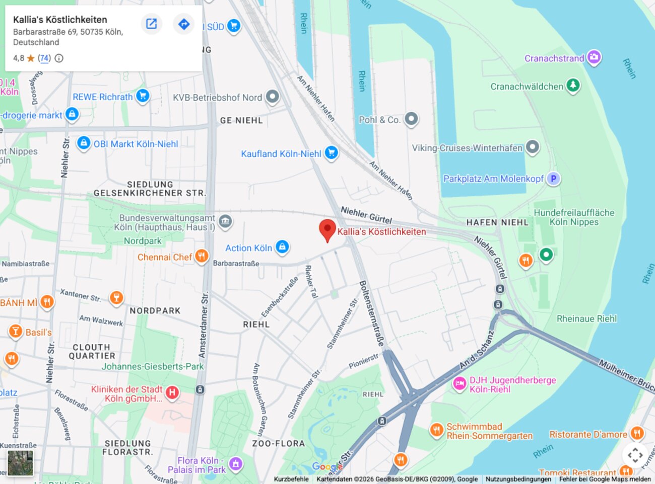 Karte: Kallia's Köstlichkeiten am Blumengroßmarkt, Barbarastraße 69, Köln-Riehl